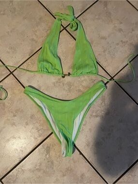 SHEIN Neon Lime Ribbed Halter Bikini Set